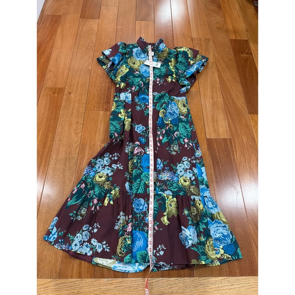 NWT Tuckernuck Merlot Sharp Floral Dress Burgundy Blue Ruffle Sleeve Midi M - Picture 8 of 10